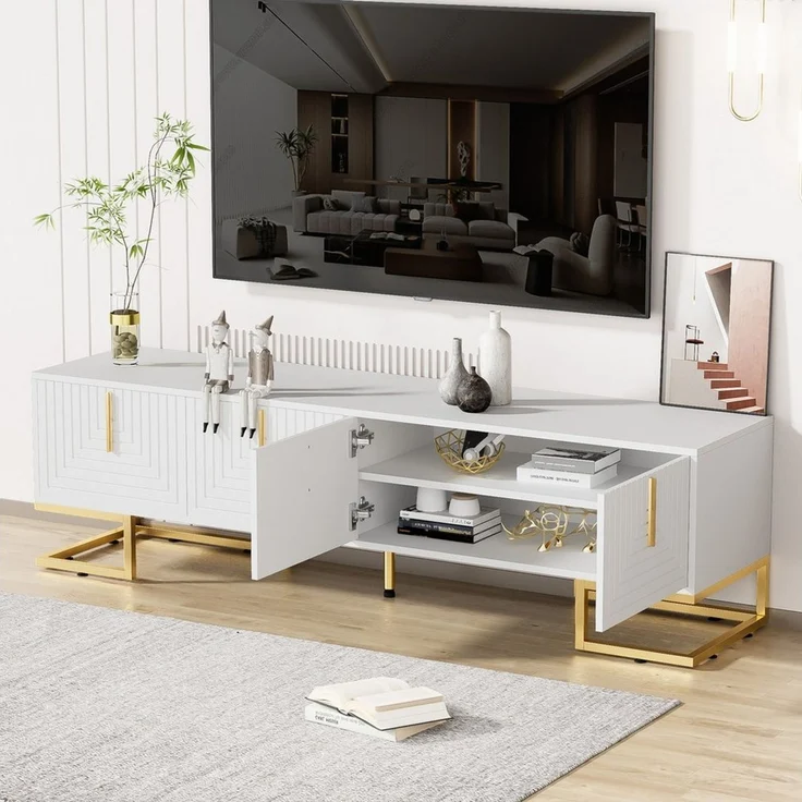 BlingBin TV-Schrank Lowboard Lowboard mit Strukturierter Tür (1er Set, 1-St, Wohnzimmer-TV-Möbel 170 x 40 x 45,5 cm) TV-Möbel mit Schubladen, Goldenen Griffen und Goldenen Füßen – Bild 2