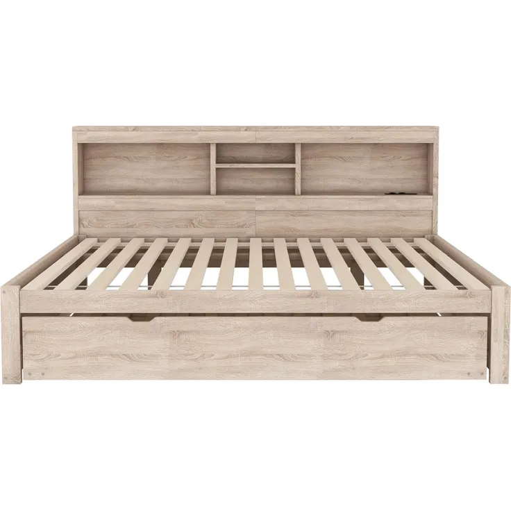 Massivholzbett mit Gästebett, 140x200 cm, Doppelbett mit LED-Beleuchtung, Mehrfachsteckdose und Lattenrost, Jugendbett – Bild 5