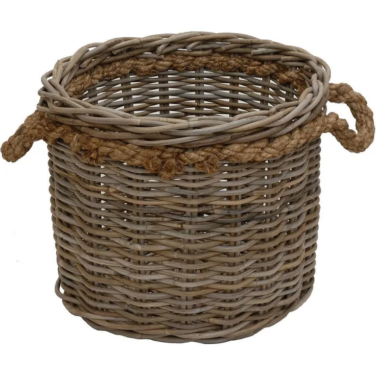 Krines Home Übertopf Großer Pflanzkorb Holzkorb rund Rattan Gartenkorb Grau Natur, mit Seilgriffen, geflochten Korb Übertopf Dekorationskorb