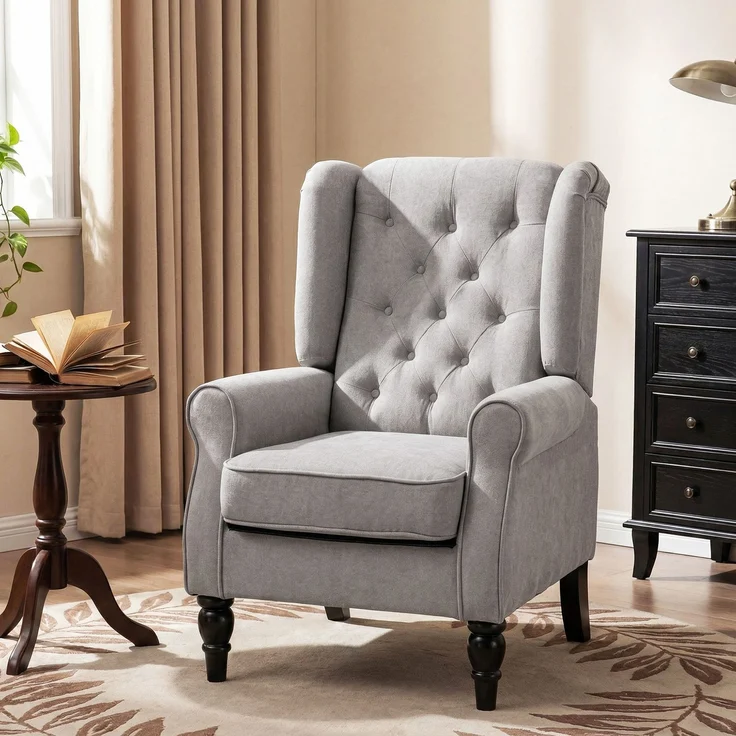 Wohnora-Gepolsterter Loungesessel mit breiter Sitzfläche, Holzbeinen, klassischem Stil, sehr bequem, 74 x 86 x 102 cm, grau,H 102cm x T 74cm x B 86cm – Bild 3