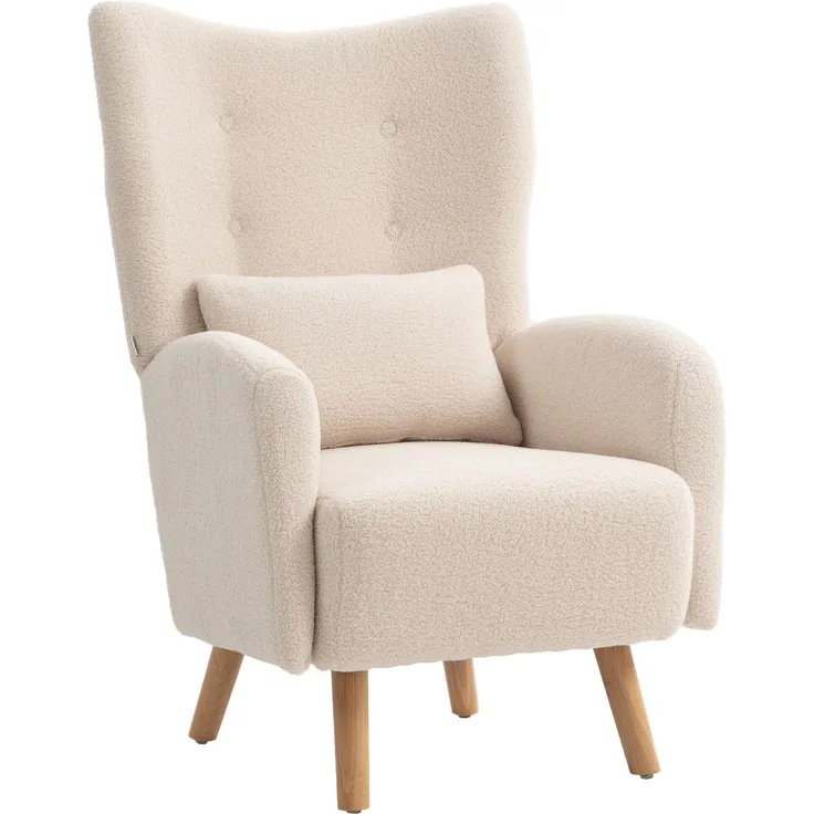 Wohnora-Akzentstuhl, Polstersessel mit Plüschbezug, Schaumstoffkissen, Ohrensessel, Beige,H 1060cm x T 770cm x B 720cm