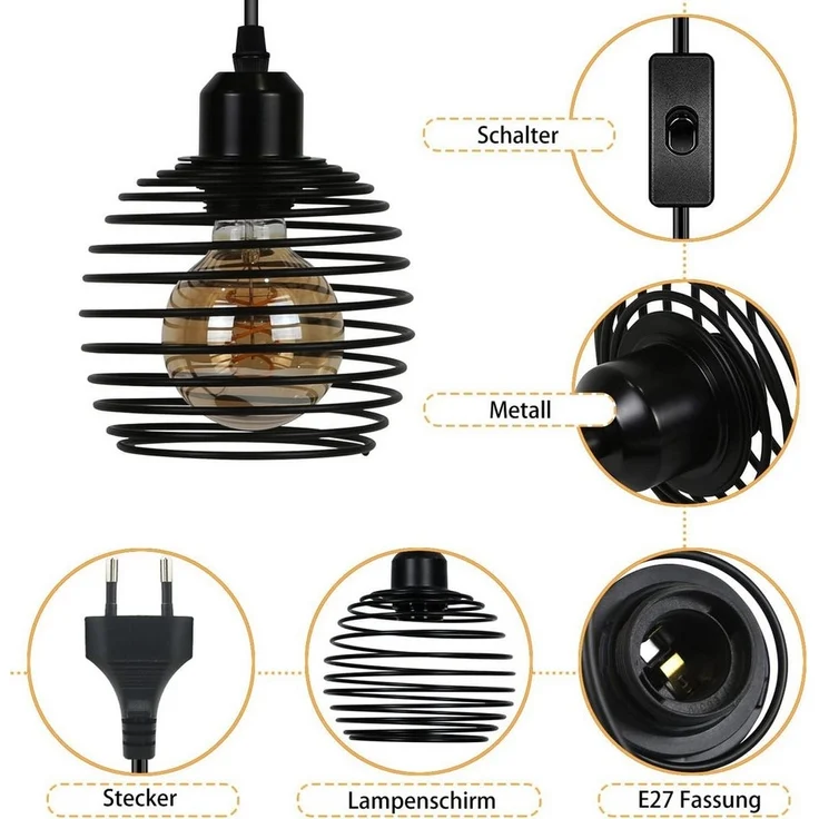 Nettlife Pendelleuchte Schwarz 1.5M Pendellampe mit Schalter Stecker E27, mit Schalter Stecker, LED wechselbar, Höhenverstellbar – Bild 2