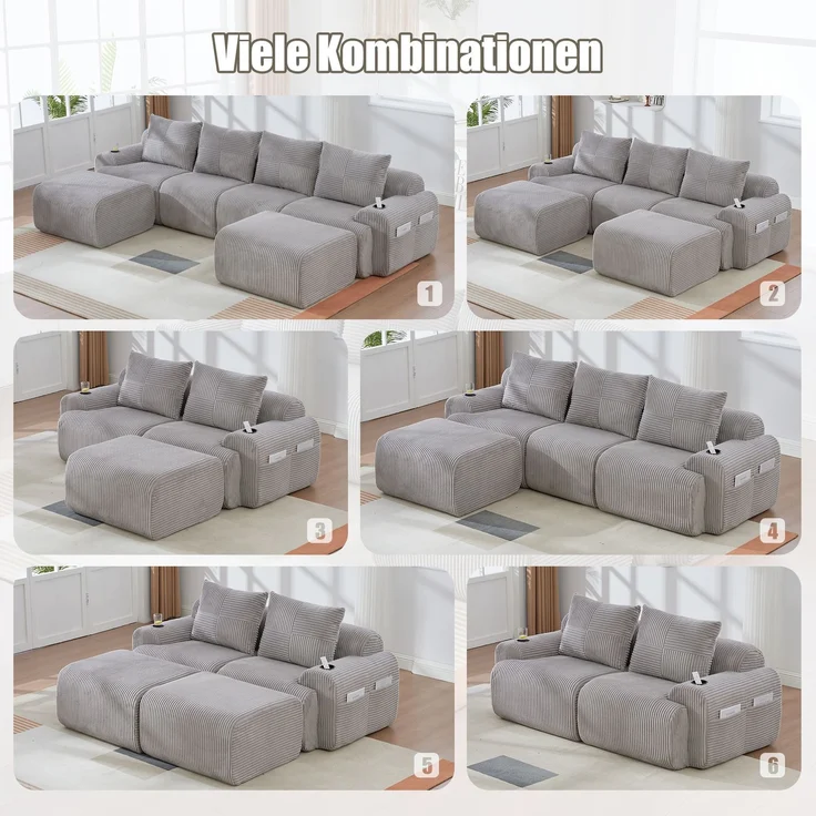 EINHOM Modulares Cordsofa für 3 Personen (mit Hockern), frei kombinierbar, inklusive Getränkehalter und seitlicher Aufbewahrungstasche, ideal für Wohnzimmer, Familienzimmer und weitere Räume. Hellgrau – Bild 6