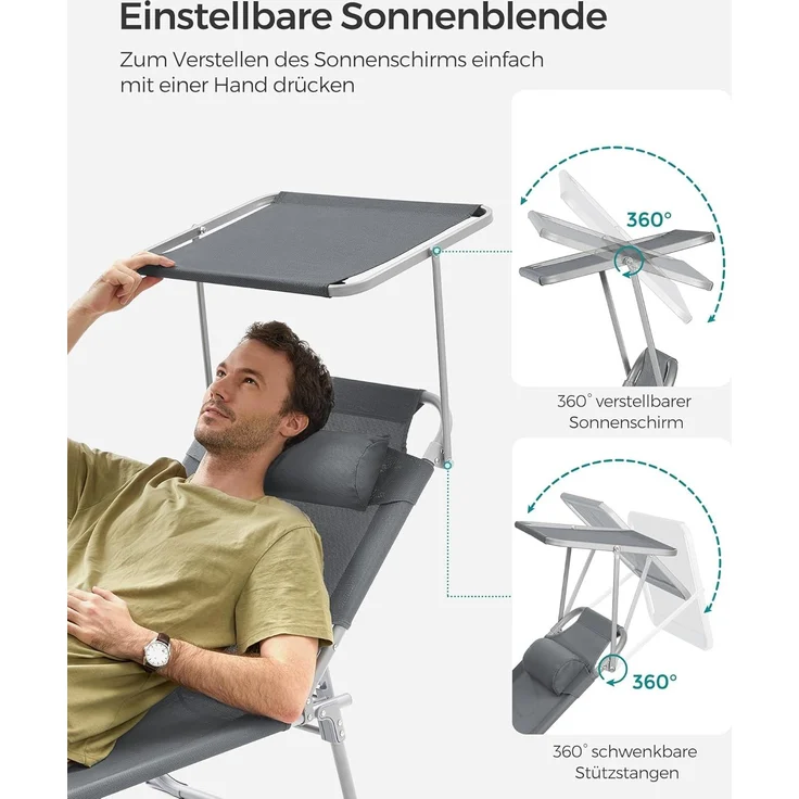 SONGMICS Sonnenliege, 2er Set, Liegestuhl, bis 250 kg belastbar, 193 x 53 x 29 cm, mit Sonnendach und Verstellbarer Rückenlehne GCB19UV1-2 – Bild 5