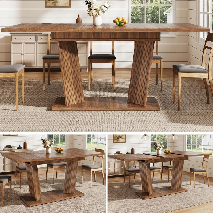 JARDJ Ausziehbarer Esstisch Modern, Massivholz Optik Tisch, Stabiler Sockel mit Verstellbaren Anti-Rutsch-Füßen, Flexibler Esszimmertisch für Kleine Räume und Küche, Dunkelbraun – Bild 1