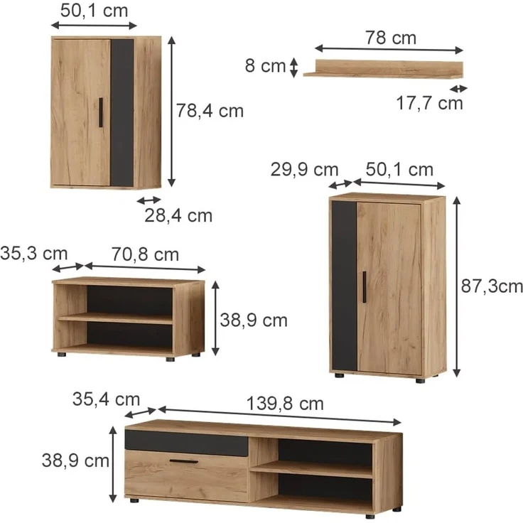 Wohnwand Berno Goldkraft Eiche/Anthrazit 5-teiliges Set Vicco – Bild 3