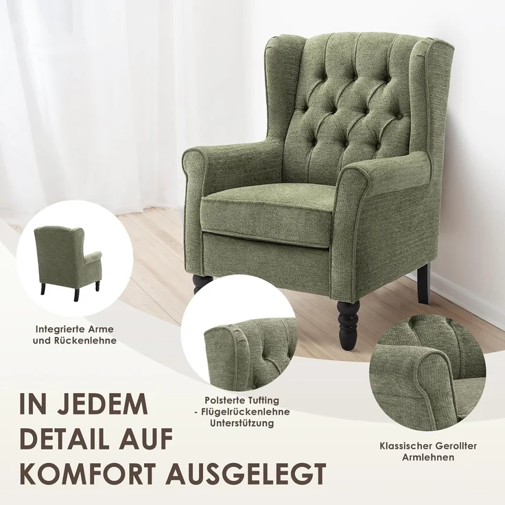 COLAMY Mid-Century Modern Sessel Wohnzimmer, Gepolsterter Wingback-Sessel mit Knopfsteppung, loungesessel Bezug aus Gewebe mit Massivholzbeinen für Wohnzimmer, Büro, Café - Grün – Bild 4