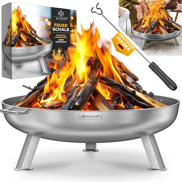 KESSER® Feuerschale mit 2,5 mm Stahldicke Feuerkorb aus Edelstahl / Stahl inklusive 42cm Feuerhaken aus Gusseisen, Wasserablauf & 2 stabile Griffe für Holz & Kohle Feuerstelle für Garten & Terrasse Ø 70 cm, Edelstahl – Bild 1