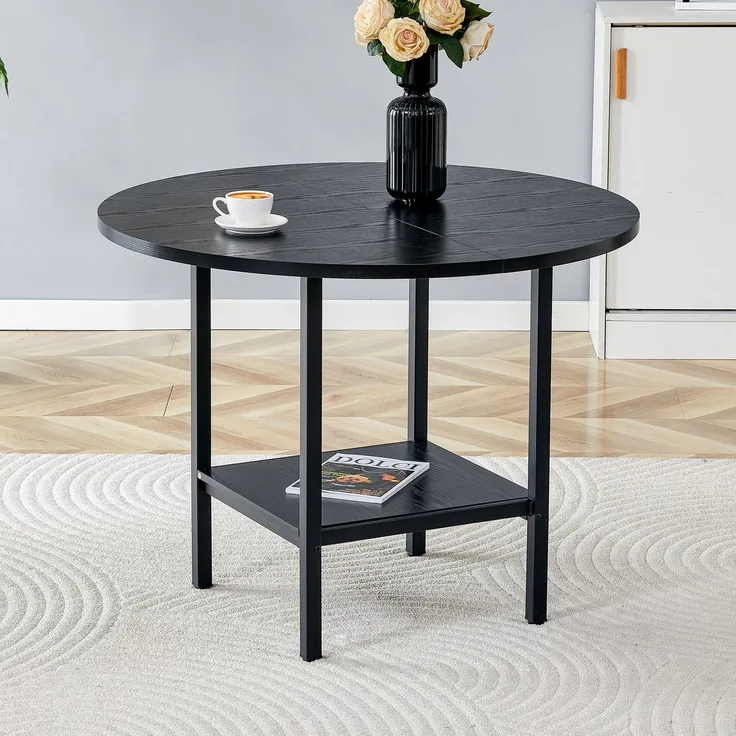 Esstisch 100x100x77 cm, rund, mit Stauraumablage aus MDF und Metall in Schwarz
