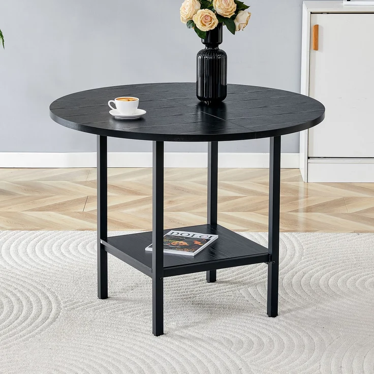 Esstisch 100x100x77 cm, rund, mit Stauraumablage aus MDF und Metall in Schwarz – Bild 1