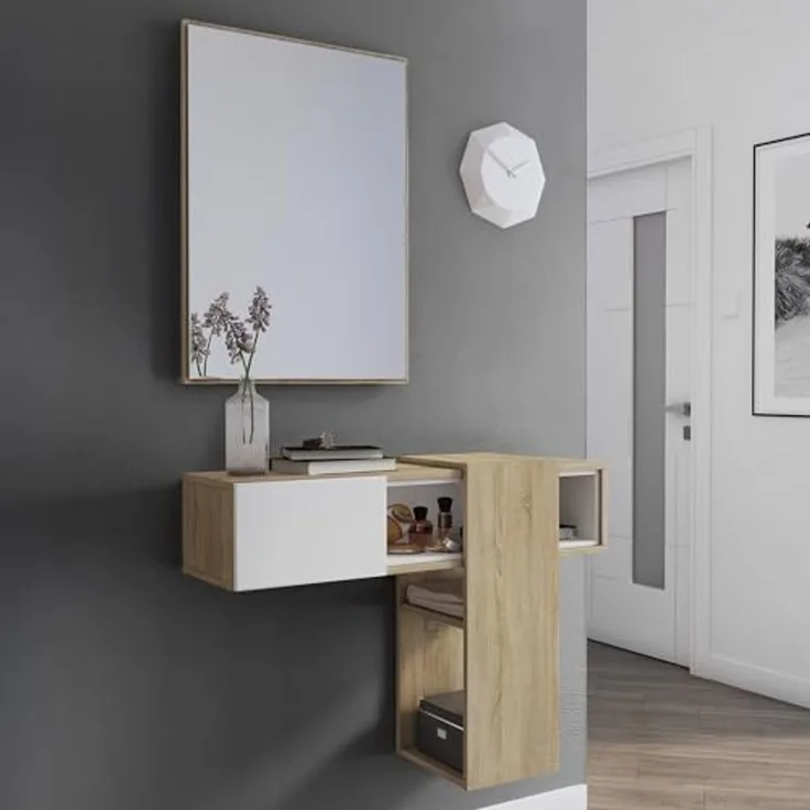 Dmora - Eingangsmöbel Baffin, Moderner Eingang, Wandgarderobe, Multifunktions-Aufbewahrungskonsole, 100x31h75 cm, Eiche und Weiß