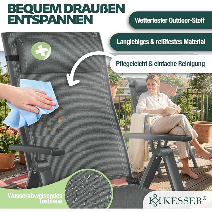 KESSER® Gartenstuhl Hochlehner mit Armlehnen | Aluminium Klappstuhl inkl. Kopfkissen Campingstuhl 7-Fach Verstellbar Rückenlehne | Atmungsaktiv & Wetterfest | Klappbar & Anti-Rutsch Anthrazit, 2 Stück – Bild 7