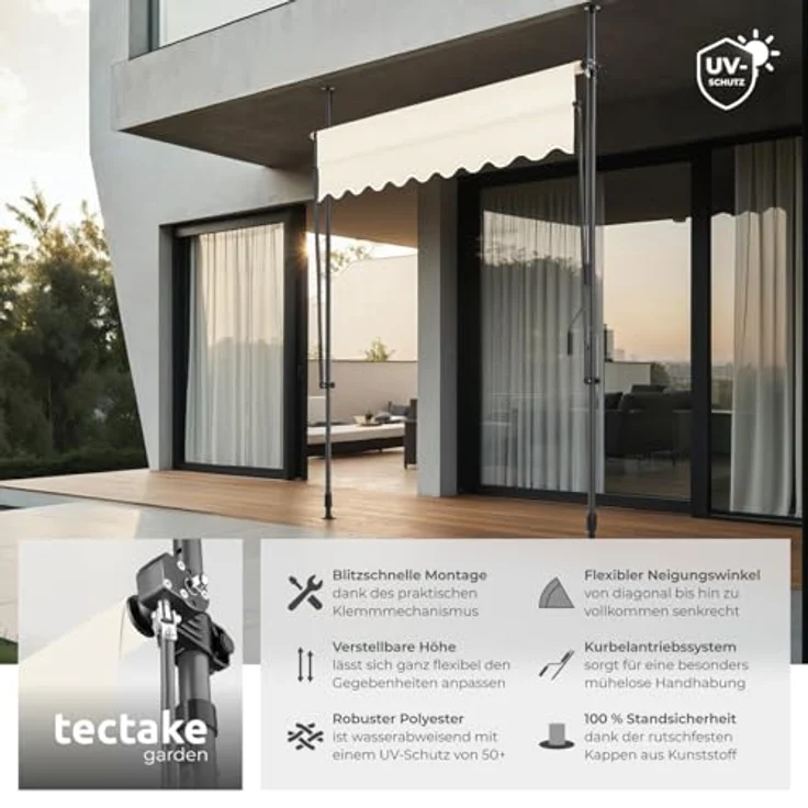 tectake® Klemmmarkise mit Handkurbel, Balkon Markise ohne Bohren, Markise höhenverstellbar, UV-beständig, wasserabweisend, Terrassenüberdachung, Sonnenschutz Terrasse & Balkon, Breite 200 cm - beige – Bild 3
