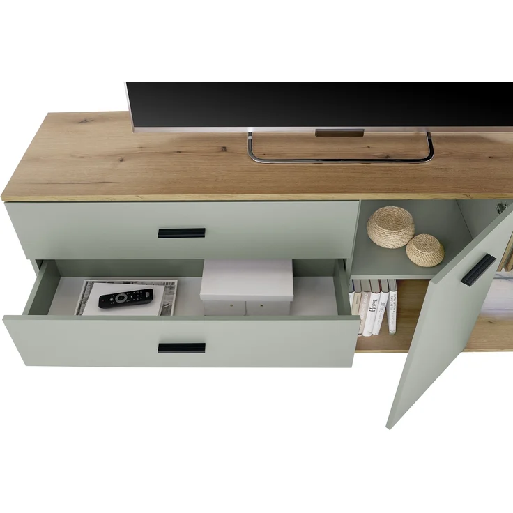 Lowboard >Narva< inkl. Beleuchtung, Evoke Eiche Dekor, salbei - 179x67x44cm (BxHxT) – Bild 5