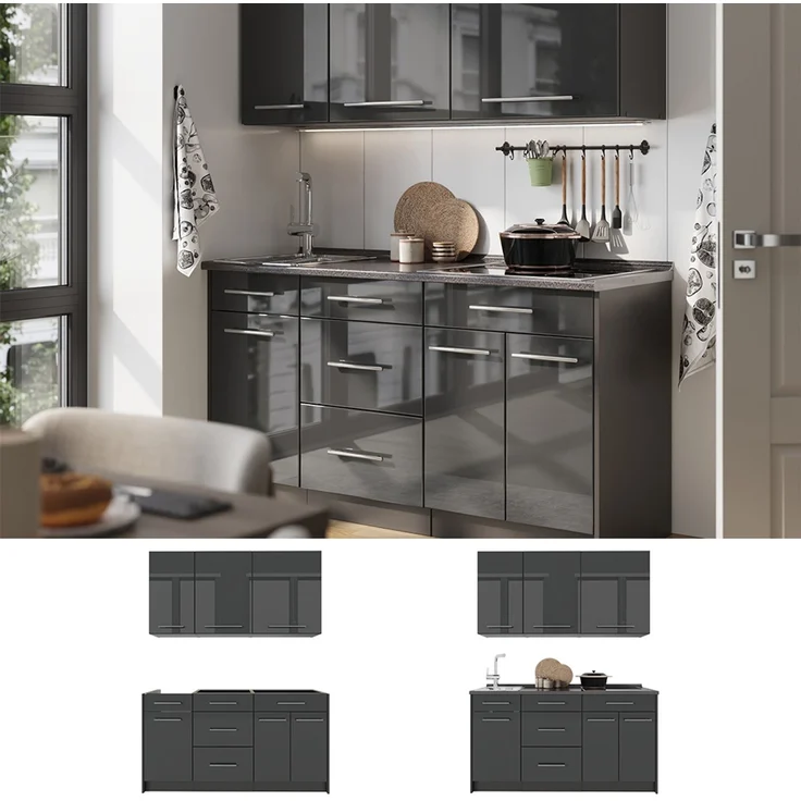 Singleküche Fame-Line Anthrazit Hochglanz/Anthrazit 150 cm, AP Marmor Vicco – Bild 4