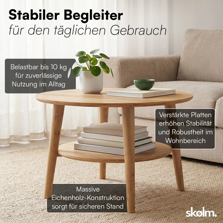 skølm 'Mjölnir' Couchtisch rund, Massivholz Eiche, natur geölt, Wohnzimmertisch Ø70 cm, Beistelltisch für Wohnzimmer mit Ablage – Bild 5