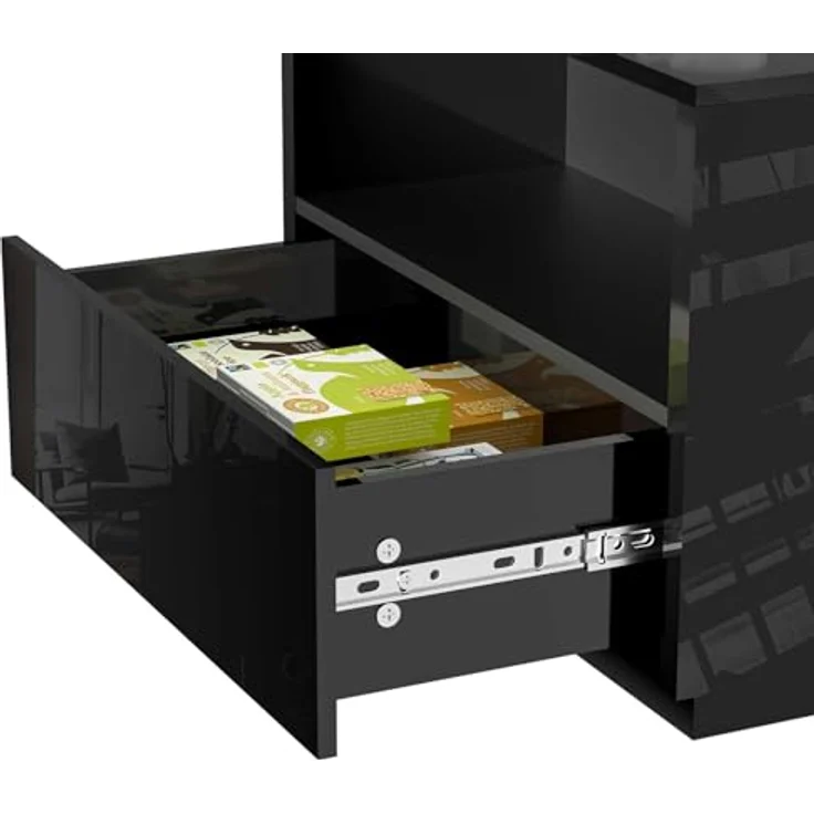 Makika LED Couchtisch mit Ablagefach und Schubladen, Holz schwarz, Hochglanz, 95 x 57 x 45 cm – Bild 10