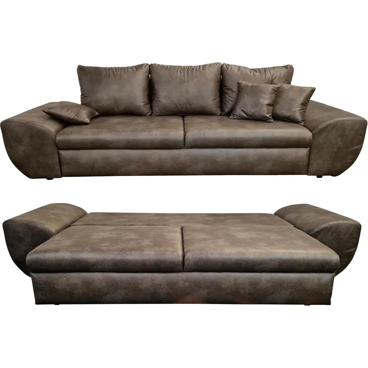 Big-Sofa mit Schlaffunktion und Bettkasten XXL Couch im Vintage Look in Braun