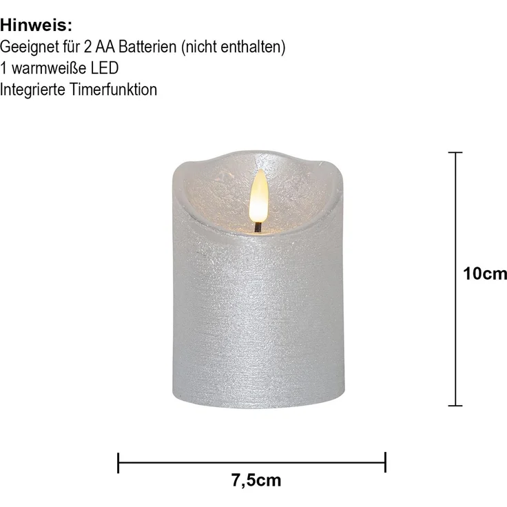 LED Echtwachskerze ,Flamme Rustic' , Batterien , Timer , warmweiß flackernd , silber , H 10cm , Ø 7 ,5cm – Bild 4