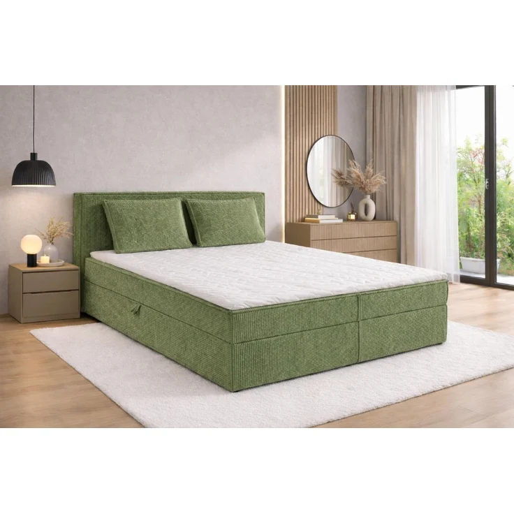 KRISAN MÖBEL Kontinentallbett ASTI Stoff POSO-Cord in Hellgruen 160 × 200 x 106 cm Bett mit Bettkasten und Topper inklusiv Grün – Bild 2