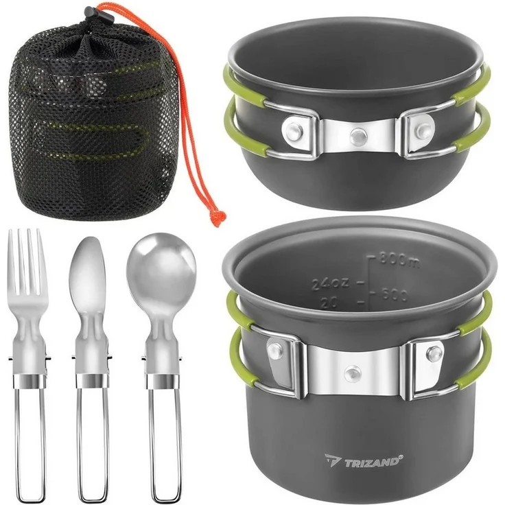 Trizand Geschirr-Set Camping Kochset 1,2L Aluminium faltbar Outdoor Trekking Geschirr (6-tlg), 2 Personen, Edelstahl, faltbare Griffe leichtes Aluminium kompakt mit Klappbesteck – Bild 1
