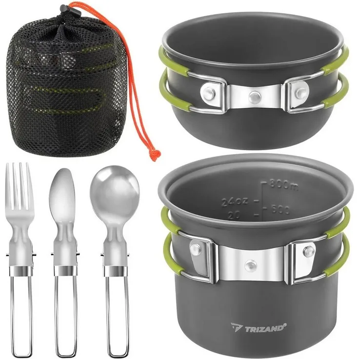 Trizand Geschirr-Set Camping Kochset 1,2L Aluminium faltbar Outdoor Trekking Geschirr (6-tlg), 2 Personen, Edelstahl, faltbare Griffe leichtes Aluminium kompakt mit Klappbesteck