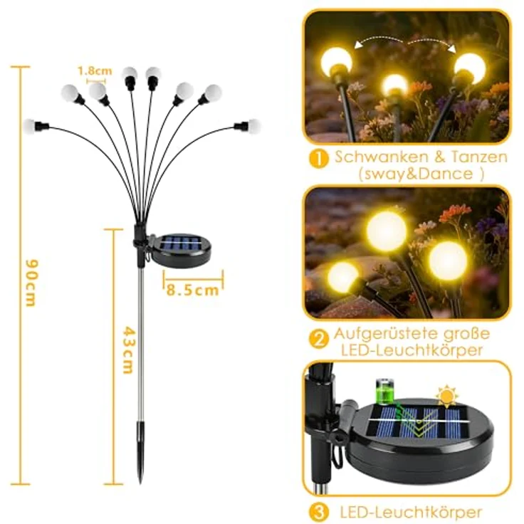 Foumteex Solarlampen für Außen Garten, 4 Stück Solar Glühwürmchen mit 8 LED und IP65 Wasserdichtigkeit, warmweiß, 8 Lichtmodi, höhenverstellbar, ideal für Garten, Wege und Terrassen – Bild 2