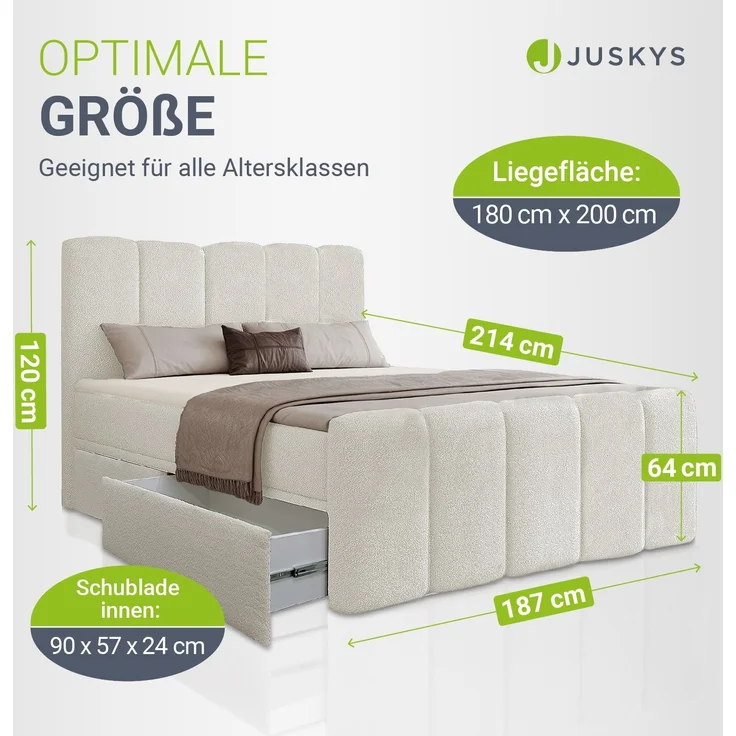 Juskys Boxspringbett Manitoba mit Bettkasten - Bouclé-Stoff, Gepolstertes Kopfteil mit Steppung & Stabile Konstruktion, Topper inklusive - Beige – Bild 7