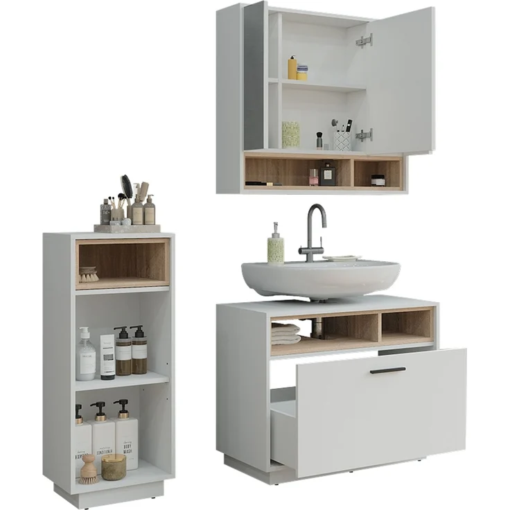 Badmöbel-Set Beatrice Weiß/Sonoma 3 Teile mit Midischrank Vicco – Bild 5