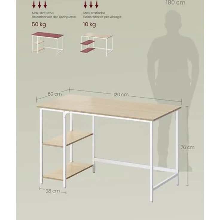 VASAGLE Tisch, Computertisch, Bürotisch, 120 x 60 x 76 cm, moderner Stil, für Arbeitszimmer, Schlafzimmer, Wohnzimmer, naturbeige-perlweiß LWD047N02 – Bild 4