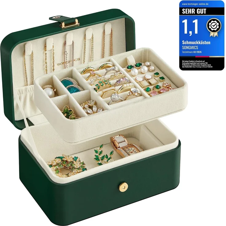 SONGMICS Schmuckbox, 2 Ebenen, aus PU, Schmuckkasten, waldgrün – Bild 1