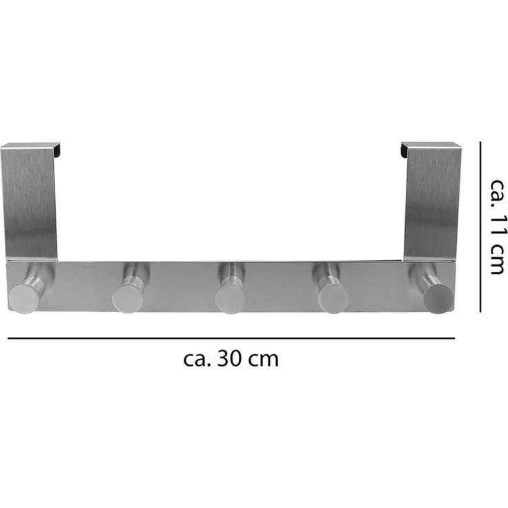 VonBueren Türgarderobe zum Einhängen Edelstahl 30 cm 5 Haken für Kleidung als Türhakenleiste, Passend für Türen mit oberem Falz bis 2 cm und etwa 2–3 mm Abstand zwischen Tür und Rahmen, Montage ohne Bohren – Bild 1