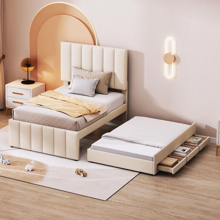 Polsterbett 90x200 cm mit Rollbett und Stauraumschubladen, hautfreundliche Leinenpolsterung, flaches Einzelbett, Kinderbett, Jugendbett, Gästebett (Beige) – Bild 3
