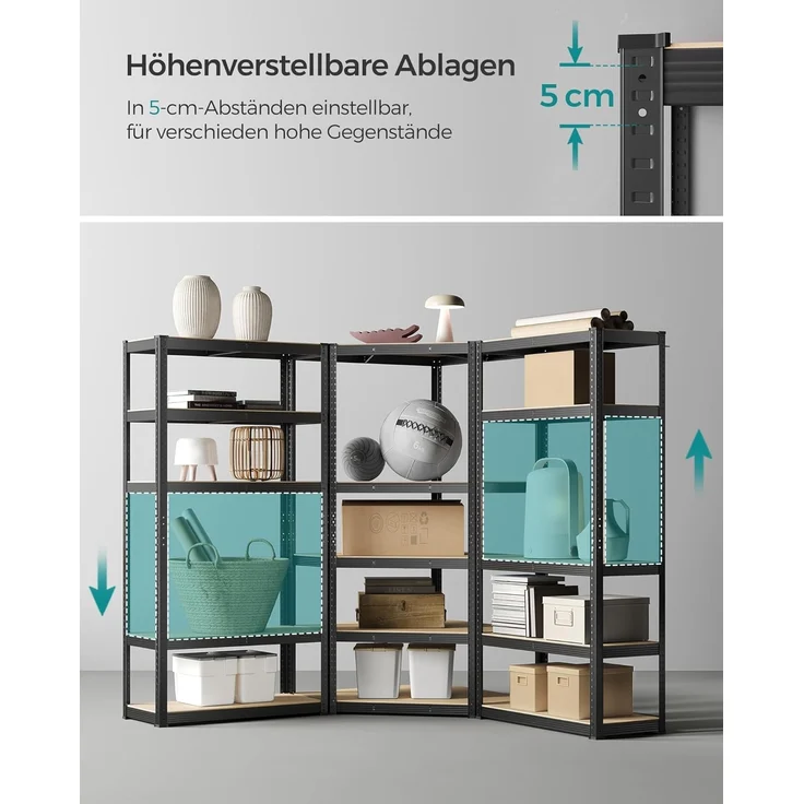 SONGMICS Eckregal-Set 5 Ebenen, Schwerlastregal, Metall, Lagerregal für Garage, Abstellraum, Kellerregal, bis 2625 kg belastbar, tintenschwarz-naturbeige GLR070B03 – Bild 9