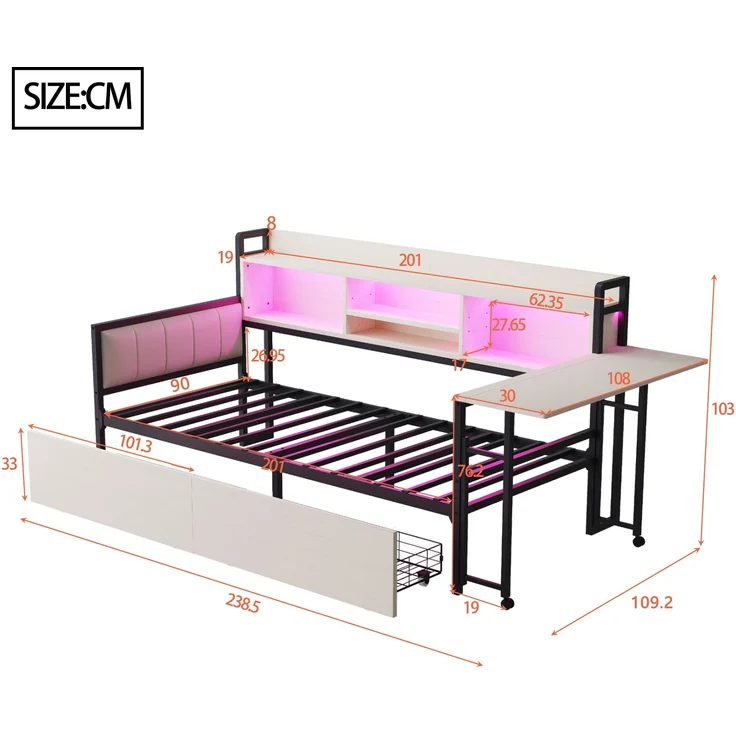 Bett 90x200 cm mit Stauraum und LED-Beleuchtung – Einzelbett aus Metall mit ausziehbarem Schreibtisch – Bild 7