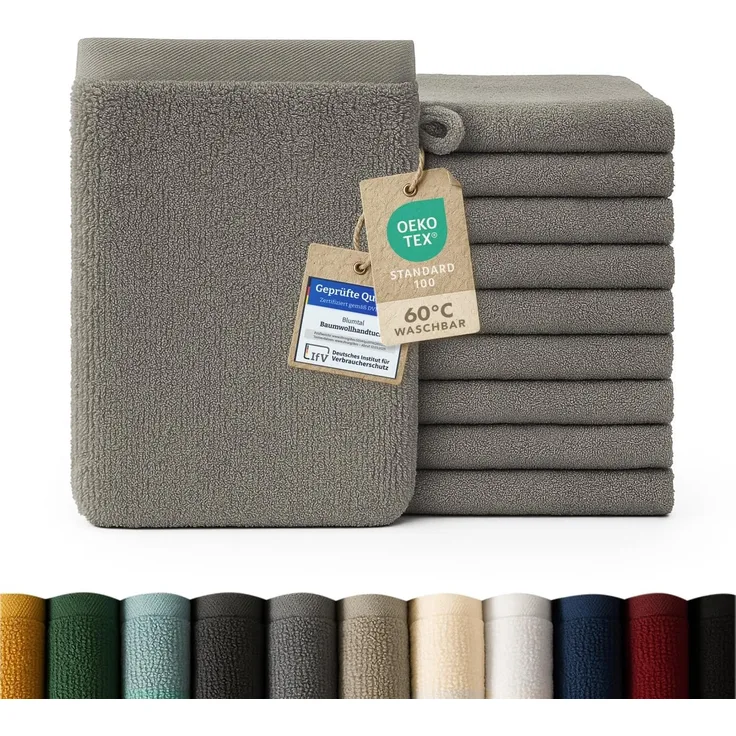 Blumtal Waschhandschuh 10er Set aus Frottee 15x20 cm - weich und saugstark, (Set), mit modischer Bordüre und praktischer Aufhängeschlaufe, 100% Baumwolle
