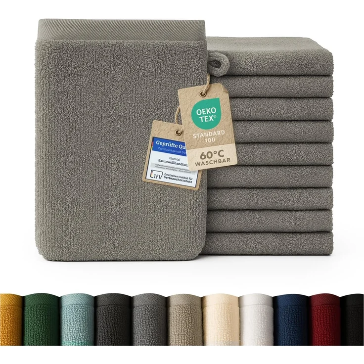 Blumtal Waschhandschuh 10er Set aus Frottee 15x20 cm - weich und saugstark, (Set), mit modischer Bordüre und praktischer Aufhängeschlaufe, 100% Baumwolle – Bild 1