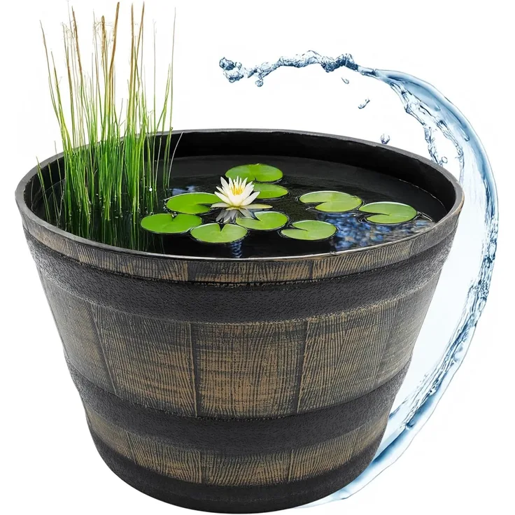 Spetebo Pflanzkübel Kunststoff Mini Gartenteich im Holz Kübel Design - 51 cm (Anzahl, 1 St, Stück), wetterfestes und robustes Material