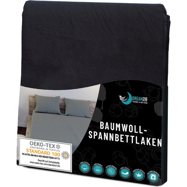Dreamzie - Spannbettlaken 90x200 cm - Baumwolle Oeko Tex Zertifiziert - Schwarz - 100% Jersey Bettwäsche 90x200