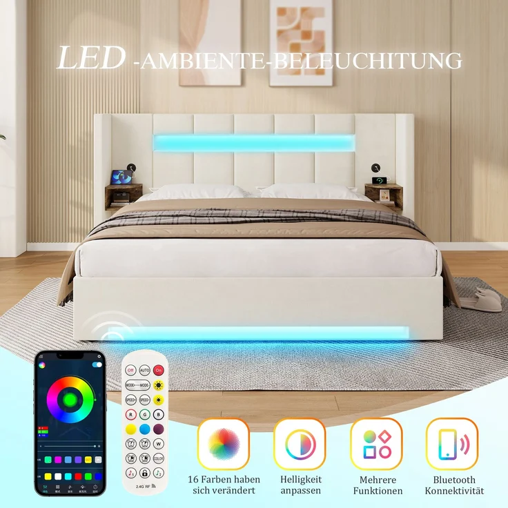 LVHOM Polsterbett 160x200 mit Seitenschränke, Bettgestell mit USB & LED und Stauraum sowie Hydraulik, Doppelbett aus Samt, Funktionbett, Beige – Bild 3