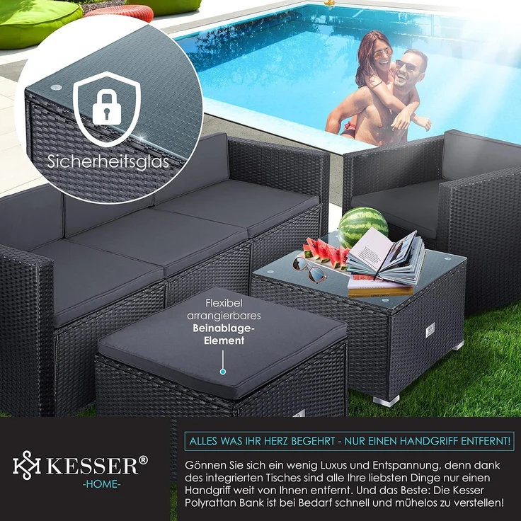 KESSER® Polyrattan Lounge Aruba – Gartenlounge für 4-5 Personen Gartenmöbel-Set Sitzgruppe aus 3er Gartensofa, Sessel, Hocker und Beistelltisch mit Sitzkissen - für Garten, Terrasse und Balkon Anthrazit – Bild 5