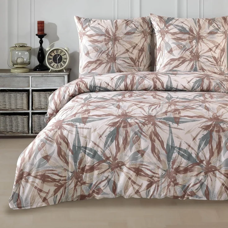 Buymax Bettwäsche Dorina, Bettgarnitur, Bettbezug Set, Renforce: 100% Baumwolle, 3 teilig, mit Reißverschluss, geblümt, Blumen, Beige Braun, 200x220 cm – Bild 1