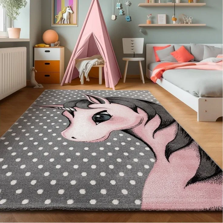 SIMPEX24 Teppich Einhorn Design, Rund, Höhe: 11 mm, Kinderteppich Einhorn Design Baby Teppich Kinderzimmer Pflegeleicht