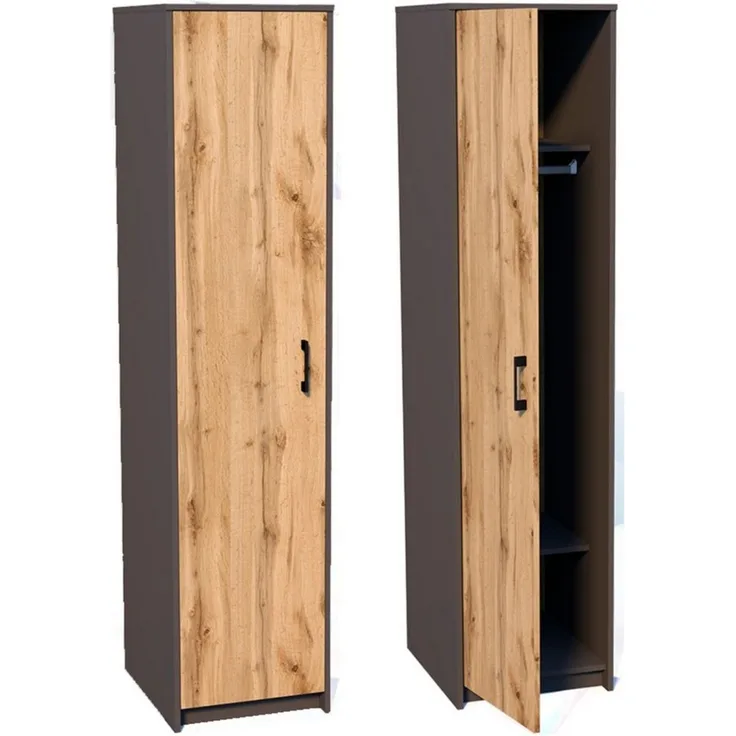 Home Collective Garderobenschrank Kleiderschrank mit 1 Tür, 1 Kleiderstange und 2 Einlegeböden 40 cm breit Schrank schmal matte Oberfläche graphit Eiche