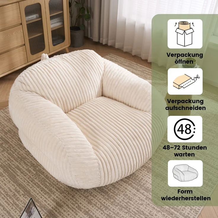 Sofa-Sitzsack in Beige aus Cord, mit weicher Schaumstofffüllung, formstabil und gemütlich für Wohn- und Lesezimmer,61*116*110 cm – Bild 6