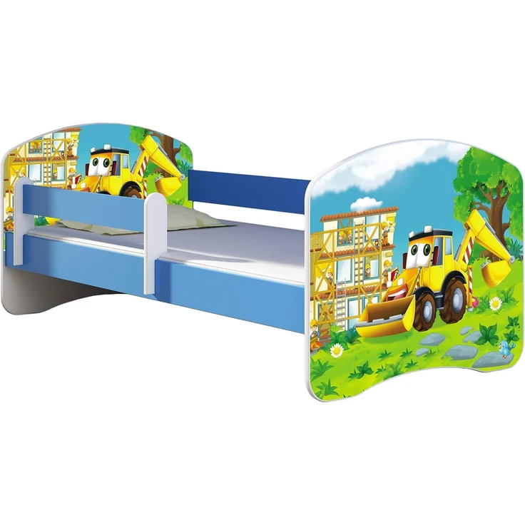 ACMA Kinderbett Jugendbett mit Einer Schublade und Matratze Blau mit Rausfallschutz Lattenrost II 140x70 160x80 180x80 (20 Bagger, 140x70) – Bild 1