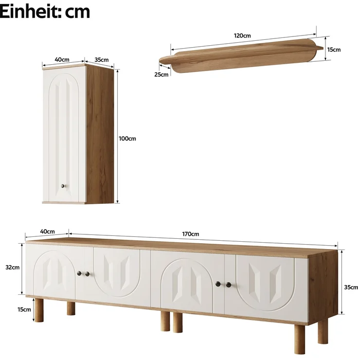 Wohnwand, 3-tlg, best, aus: Highboard, Schränke, Wandboard, Weiße und hölzerne, geschnitzte Türpaneele.--Weiß+Natur--110.01x45.09x17.68cm--YOUDENOVA – Bild 3