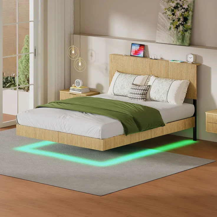 EINHOM Modernes Bett mit Schwebedesign und genuteter Verkleidung, inklusive Kopfteil, ausgestattet mit stimmungsvollen LED-Leuchten und einem stabilen Rahmen aus verstärktem Flacheisen-140 x 200 cm – Hell Ei (Ohne Matratze)