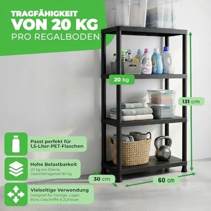 ONDIS24 Steckregal 4x Kunststoffregal, 60 x 30 x 135 (H) cm, 4 Böden, Schwerlastregal, bis zu 80 kg, Regal, Lagerregal - 4er Pack – Bild 2