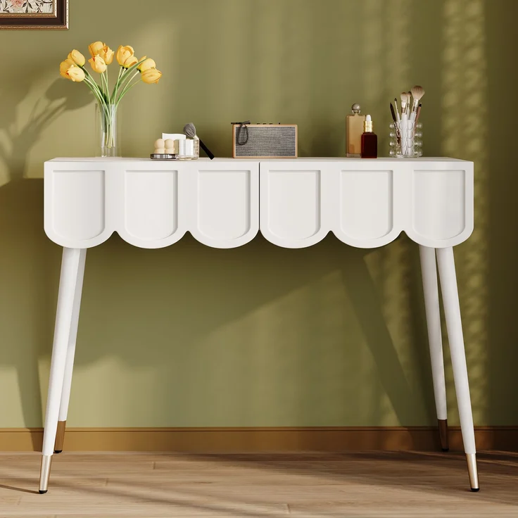 Schminktisch B 100 x T 40 x H 76 cm aus MDF und Spanplatte, Weiß, mit 2 Schubladen – Bild 4